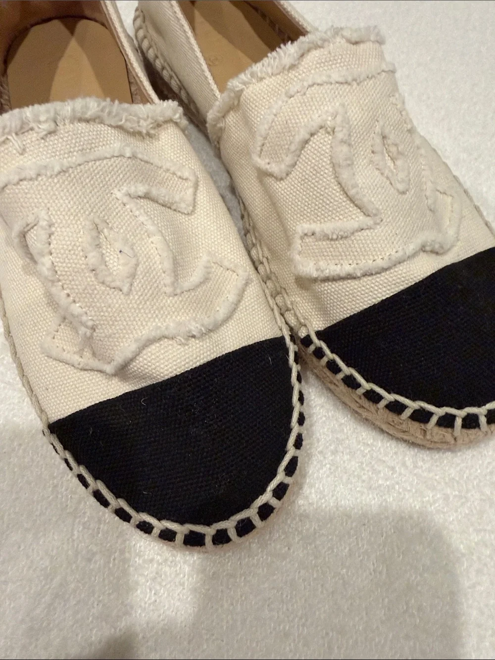 CHANEL Cream Canvas Espadrilles with Black Toe Cap